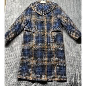 Vintage 60s 70s Wool Plaid Winter Coat S/M Westshire‎ Blue Check Tweed Union